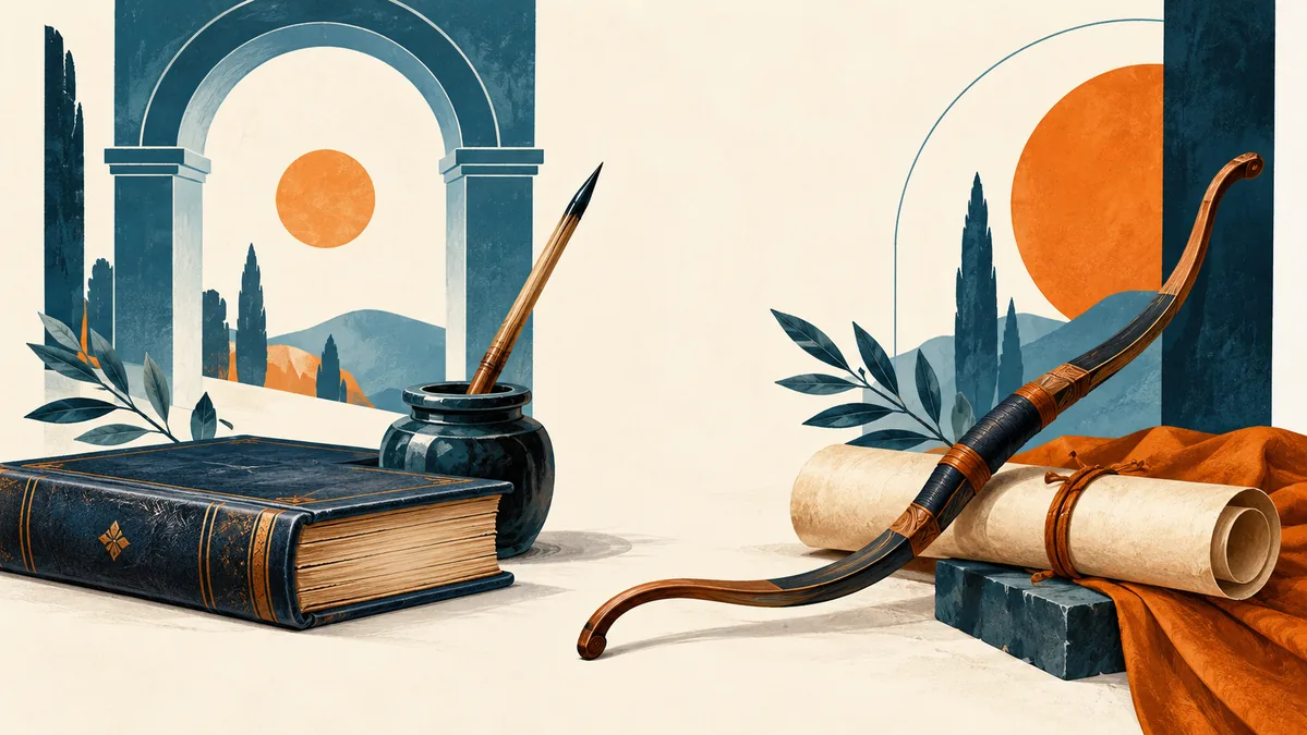 Ilustración conceptual de un libro, tintero y arco junto a pergaminos sin inscripciones