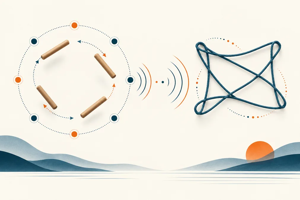 Ilustración conceptual de intercambio de varillas, ritmo y una red geométrica de cuerda.