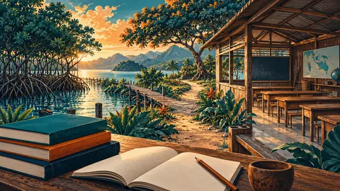 Paisaje conceptual de manglar y sendero junto a un espacio de enseñanza imaginado.