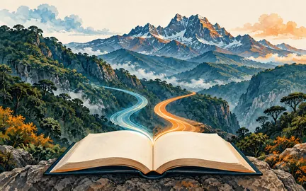 Libro abierto y senderos abstractos ante laderas boscosas del monte Kenya; ilustración conceptual de transmisión y memoria.