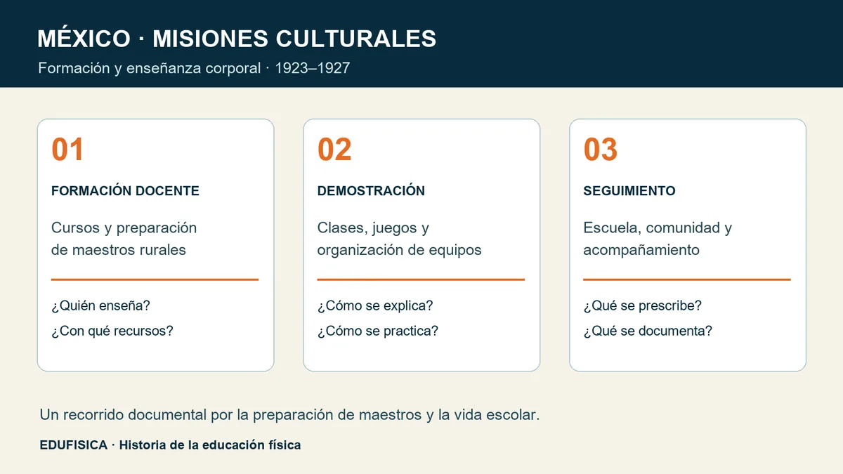 Diagrama de tres dimensiones: formación docente, demostración y seguimiento en las misiones culturales mexicanas.