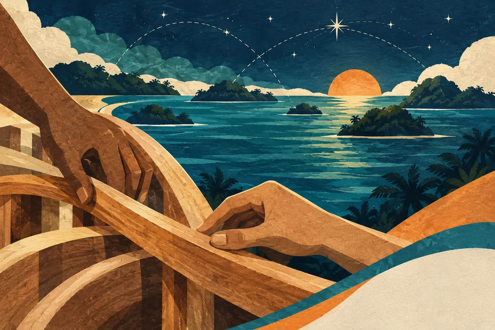 Manos estilizadas trabajando madera abstracta junto al mar, estrellas y conexiones entre islas.