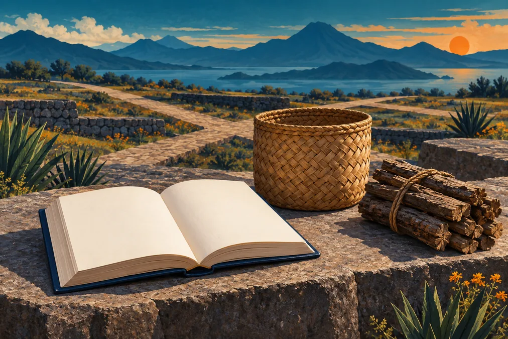 Libro sin escritura, cesta y leña enlazados con caminos en un paisaje conceptual.