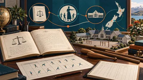 Ilustración conceptual con documentos, material de ejercicios y una maqueta escolar sobre una mesa de investigación.