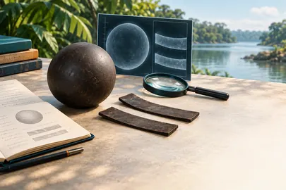 Pelota genérica de hule, tiras y herramientas modernas de análisis ante un paisaje de agua y vegetación.