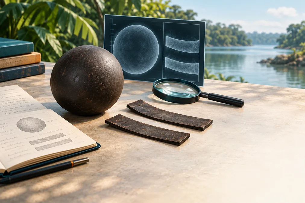 Pelota genérica de hule, tiras y herramientas modernas de análisis ante un paisaje de agua y vegetación.