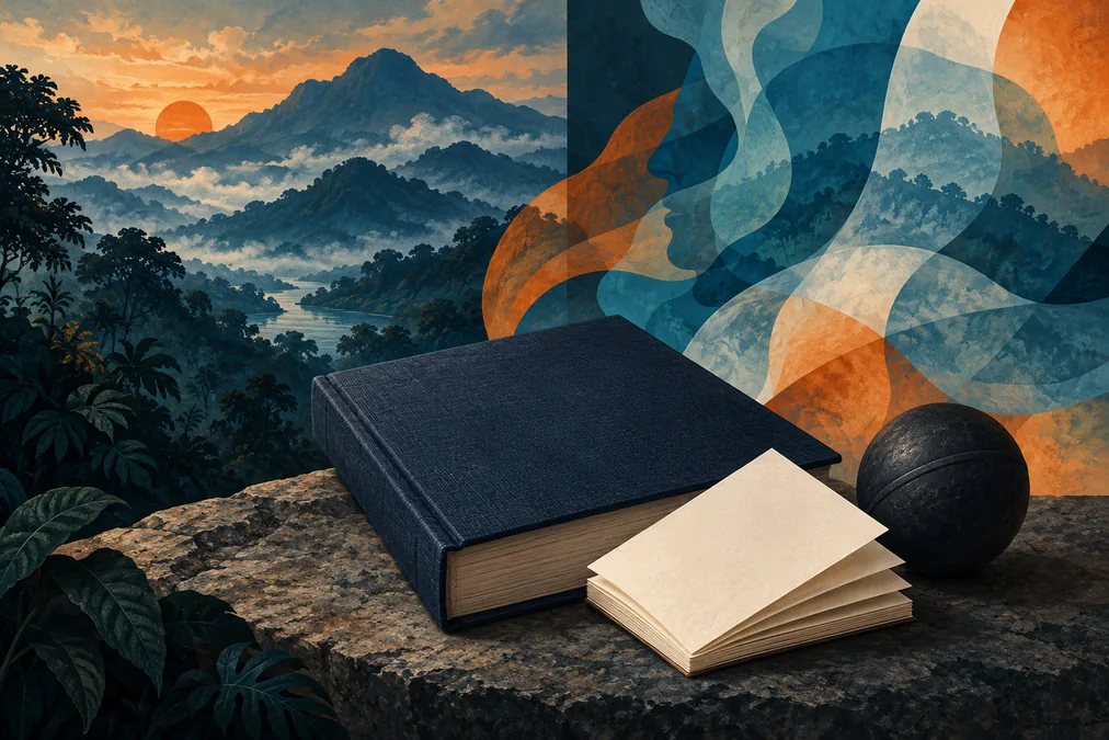 Libro cerrado, hojas sin escritura y pelota ante un paisaje de tierras altas.