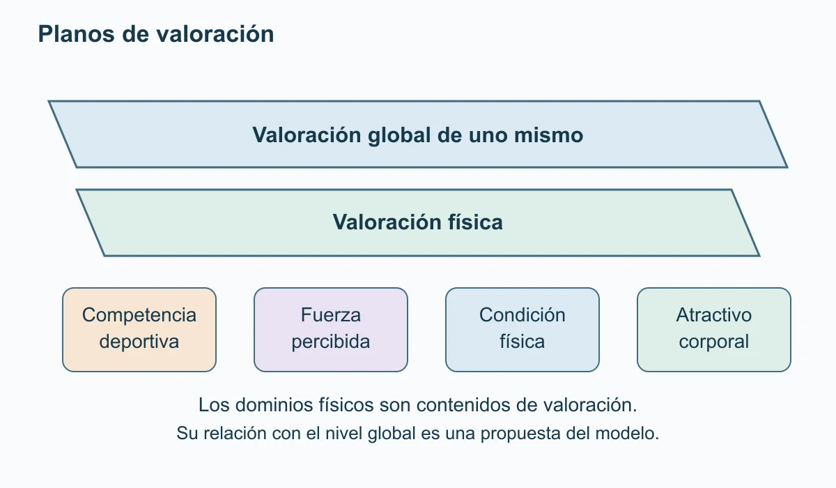 Una franja representa autoestima global, una franja inferior valoración física y cuatro zonas competencia deportiva, fuerza percibida, condición física y atractivo corporal. No hay pesos ni porcentajes.