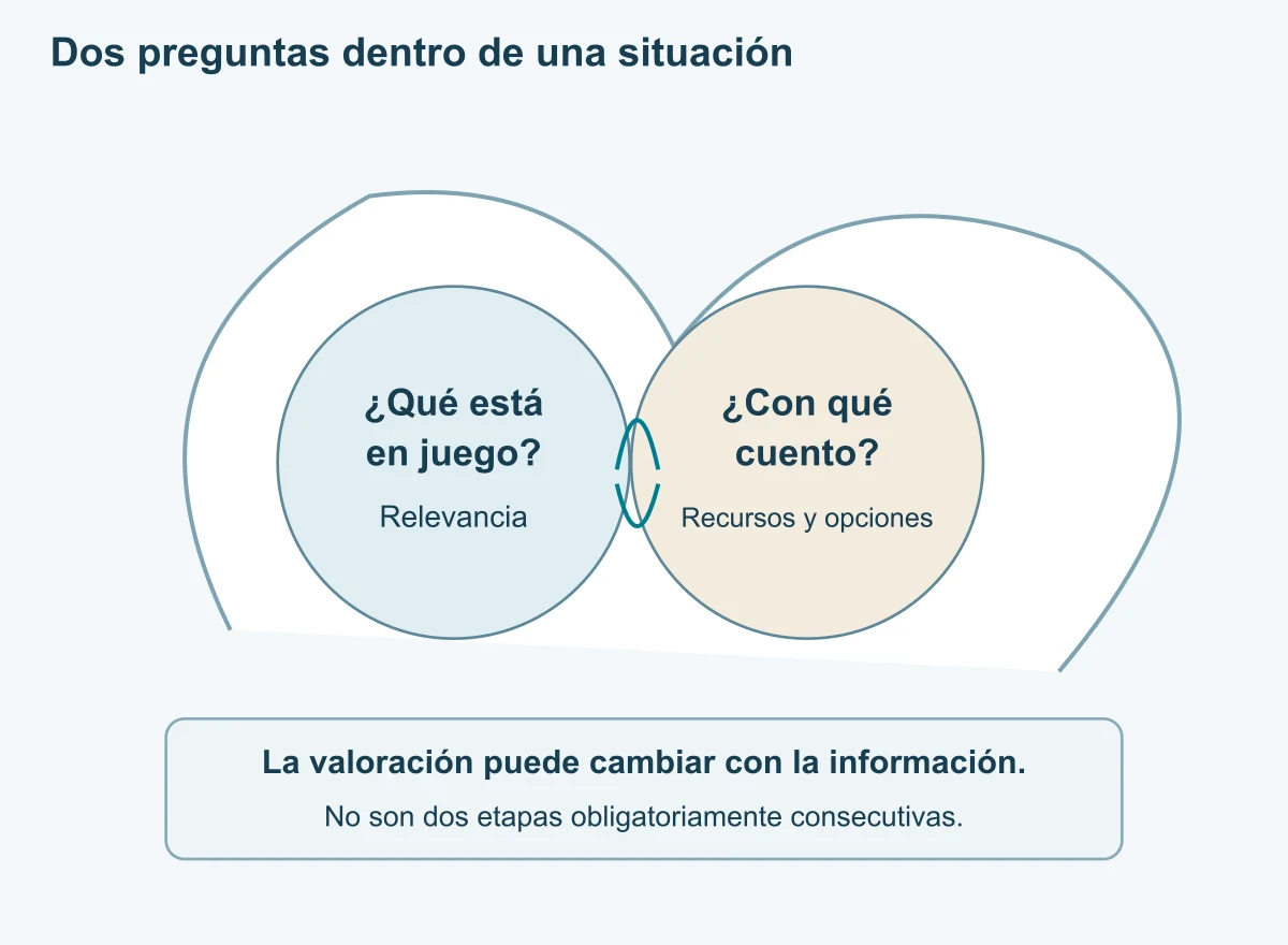Dos círculos relacionados diferencian relevancia de la demanda y recursos percibidos, dentro de un entorno abierto.