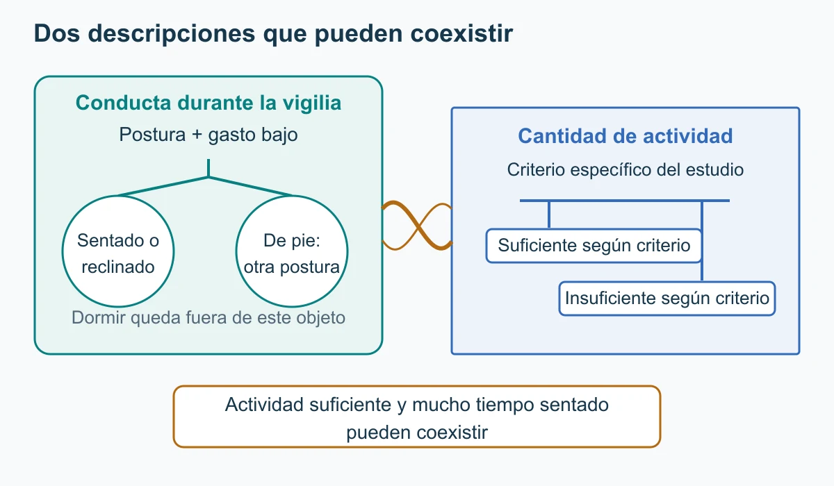 Dos preguntas distintas: postura sedentaria durante la vigilia y suficiencia de actividad física. Un puente muestra que ambas descripciones pueden coexistir.