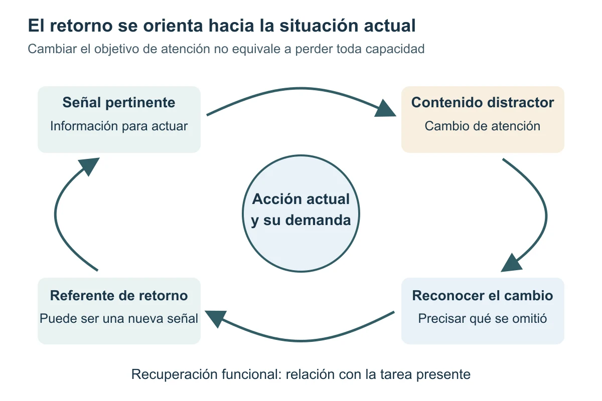 Un recorrido circular relaciona señal pertinente, contenido distractor, reconocimiento del cambio y referente de retorno. La acción actual ocupa el centro para mostrar que recuperar foco depende de su demanda.