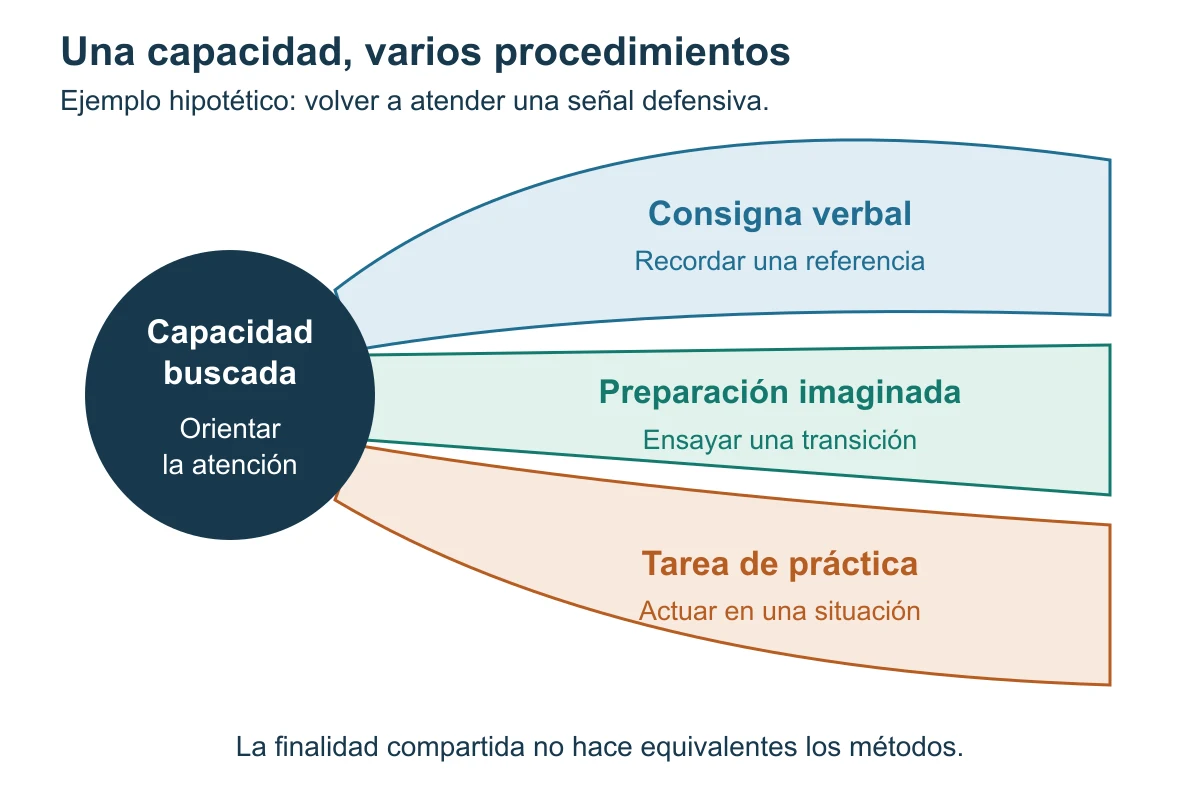 Una capacidad de atención se conecta en un abanico con tres procedimientos posibles: consigna verbal, preparación imaginada y tarea de práctica. Son alternativas del ejemplo hipotético y requieren decisiones de función y contexto.