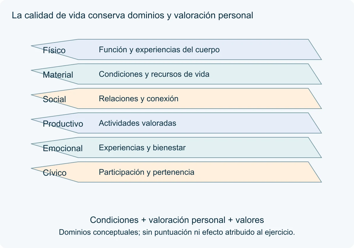 Seis láminas irregulares organizan ámbitos físico, material, social, productivo, emocional y cívico, con condiciones y valores como base.
