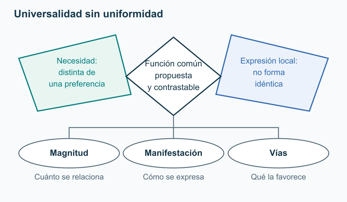 Una proposición central de función común se distingue de preferencias y expresiones locales. Tres elipses separan magnitud, manifestación y vías de satisfacción.