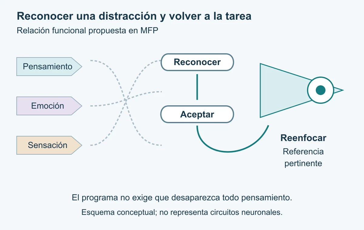 Tres tipos de experiencia interna confluyen en reconocimiento y aceptación; una trayectoria curva conduce a una referencia pertinente de la tarea.