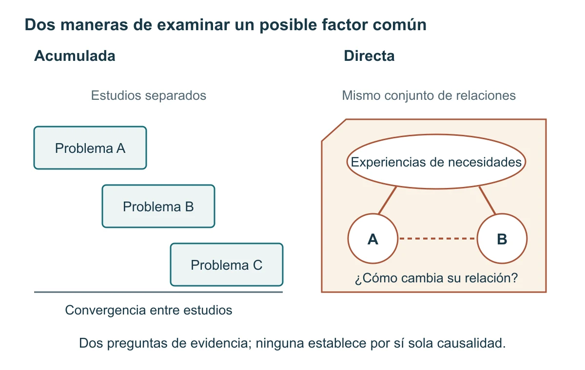 Escalera de estudios separados sobre problemas A,B,C y panel distinto que examina necesidades y problemas A,B en un mismo análisis.