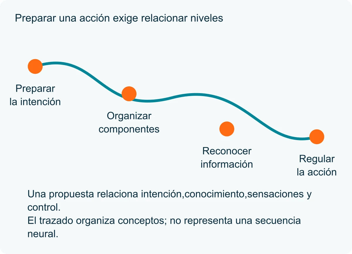 Un trazado curvo conecta intención,componentes,información y regulación sin representar una secuencia temporal medida.