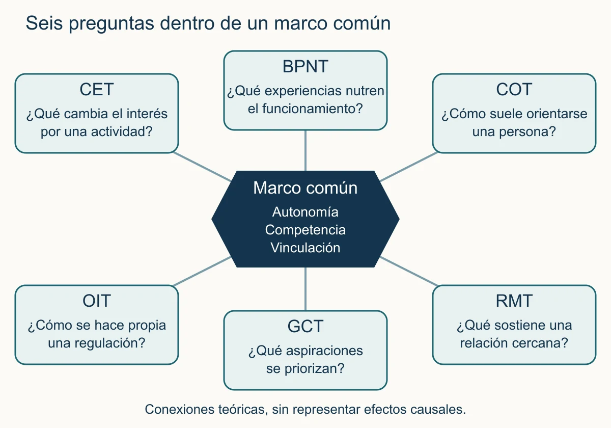Constelación de seis miniteorías alrededor de un marco común de necesidades, con una pregunta distinta para cada rama.