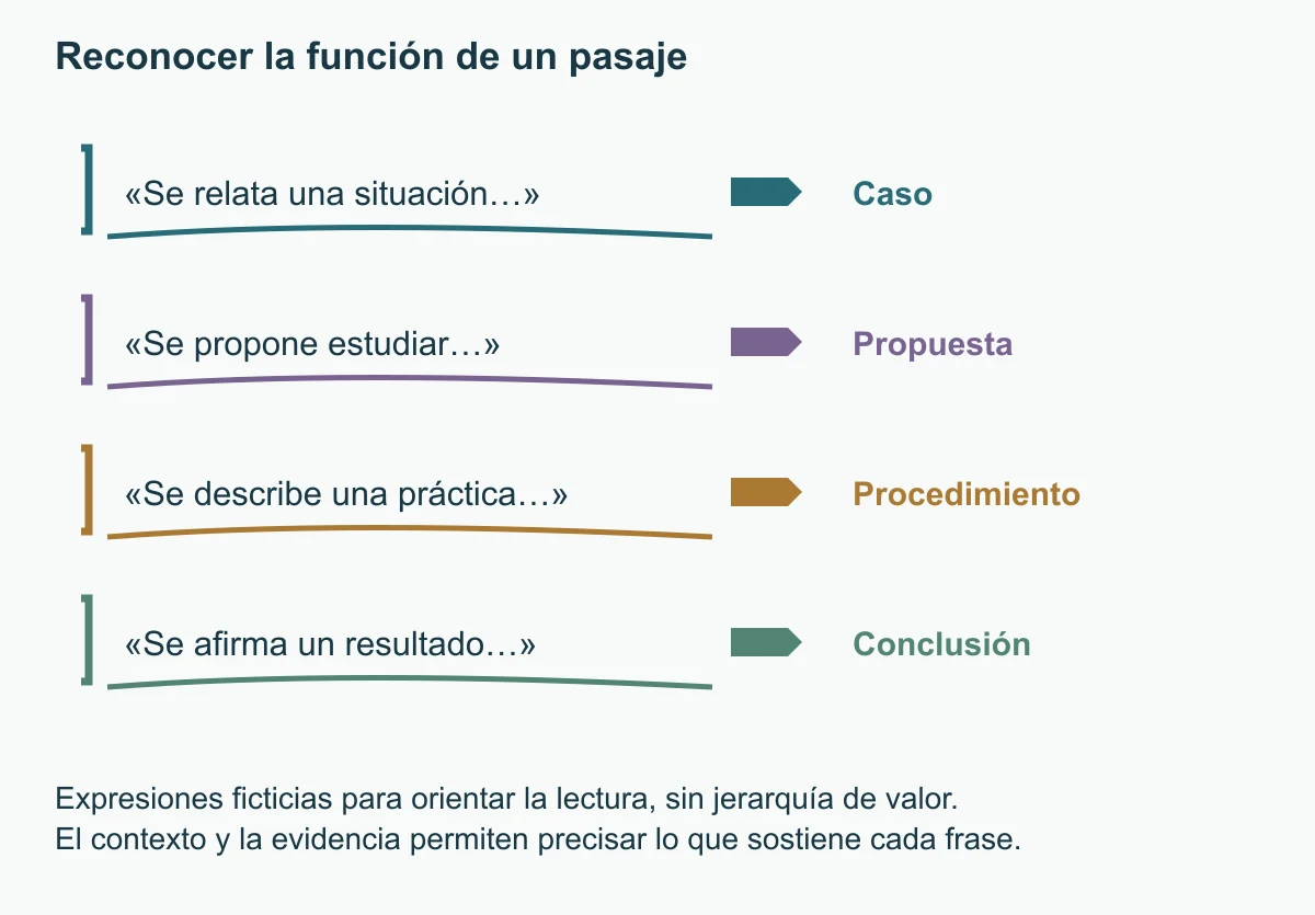 Cuatro anotaciones con subrayados y marcas de margen diferencian caso, propuesta, procedimiento y conclusión mediante expresiones ficticias. No forman una escala de evidencia.
