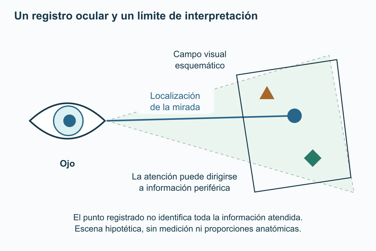 Un ojo orienta una línea hacia un punto de una escena inclinada con otros dos objetos. Un campo visual discontinuo contiene zonas periféricas, cuya atención no se mide directamente.