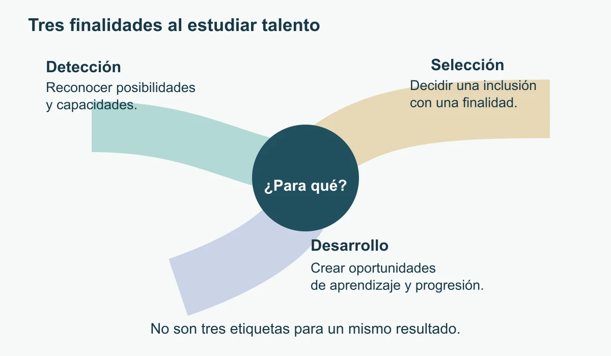 Tres brazos desiguales rodean una pregunta central: detección sobre posibilidades, selección sobre inclusión y desarrollo sobre oportunidades. Son finalidades relacionadas, sin escalera obligatoria ni éxito garantizado.