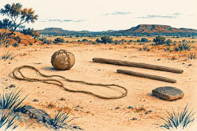 Pelota artesanal, cuerda vegetal, palos y piedra sobre una superficie arenosa.