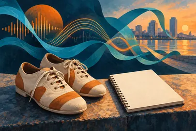 Calzado de danza, cuaderno y líneas sonoras junto a una ciudad abstracta.