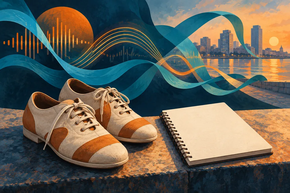 Calzado de danza, cuaderno y líneas sonoras junto a una ciudad abstracta.