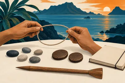 Ilustración conceptual de piedras, discos, cuerda y un cuaderno ante un paisaje insular abstracto.