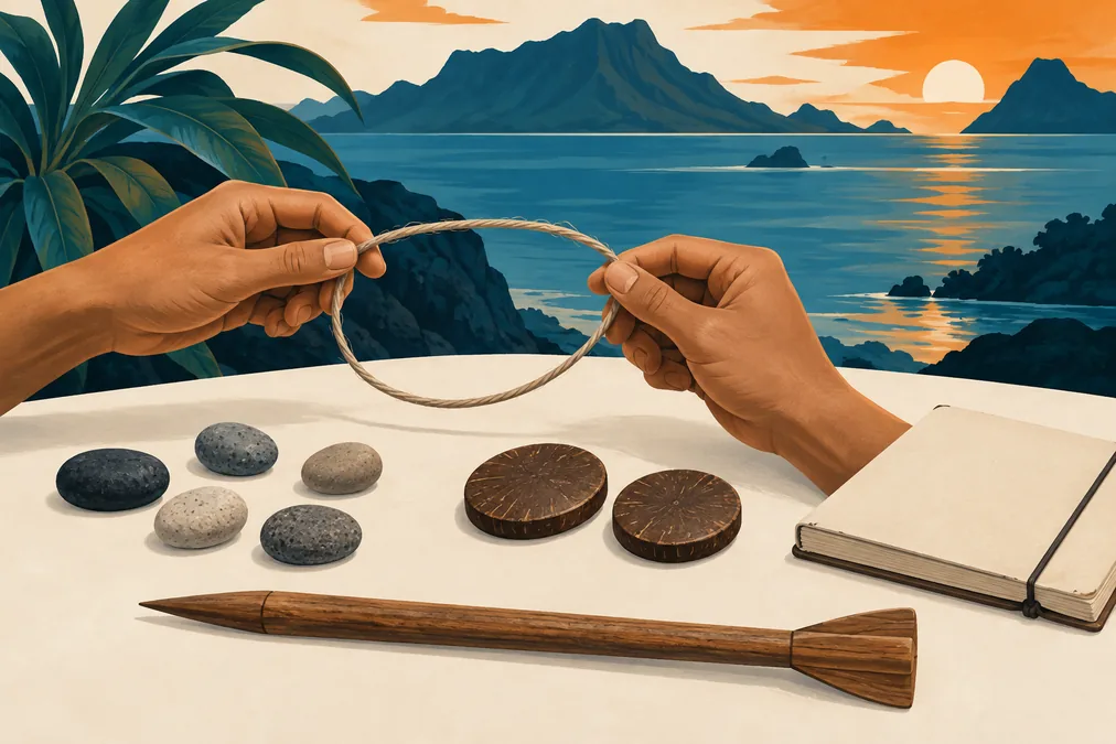 Ilustración conceptual de piedras, discos, cuerda y un cuaderno ante un paisaje insular abstracto.
