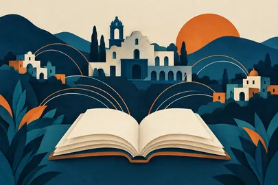 Libro sin escritura y arcos abstractos de sonido entre edificios conceptuales.