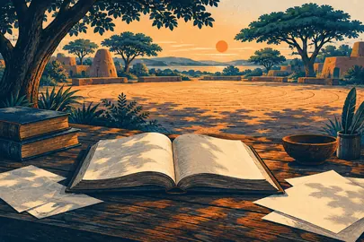 Libro y hojas de archivo junto a un espacio circular arenoso imaginado.