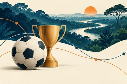 Balón y trofeo junto a un paisaje amazónico abstracto.