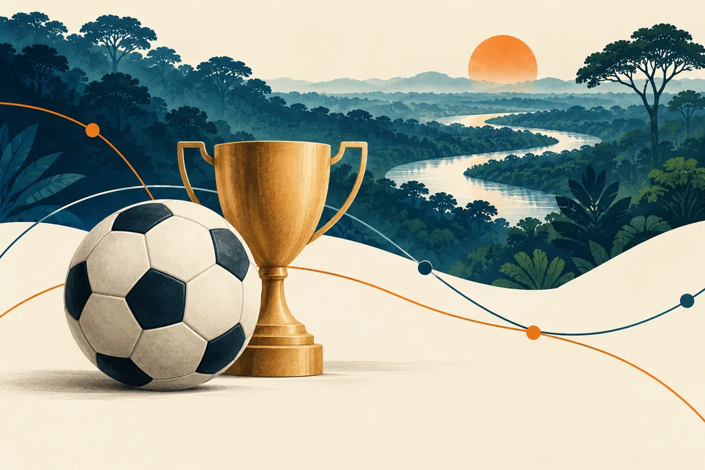 Balón y trofeo junto a un paisaje amazónico abstracto.