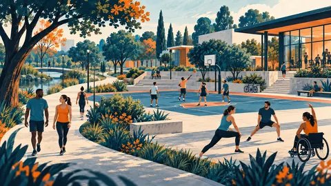 Parque, escuela y centro comunitario conectados por senderos en una ciudad abstracta.