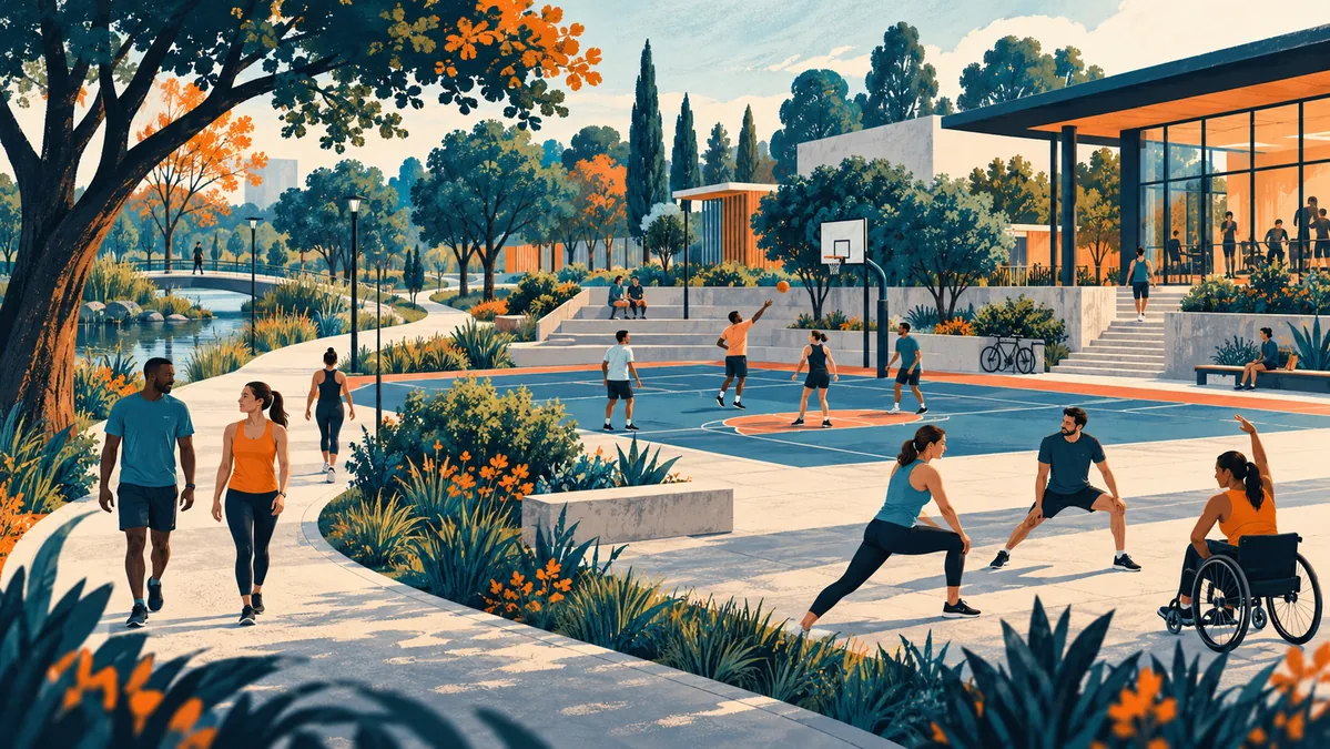 Parque, escuela y centro comunitario conectados por senderos en una ciudad abstracta.
