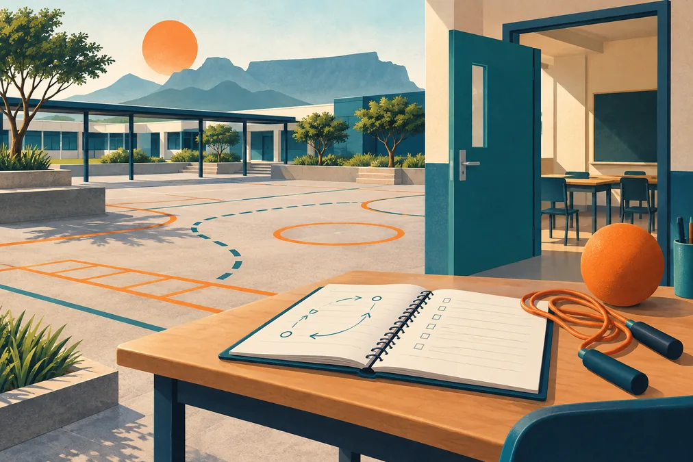 Cuaderno, cuerda y pelota junto a un patio escolar y una puerta abierta de aula.