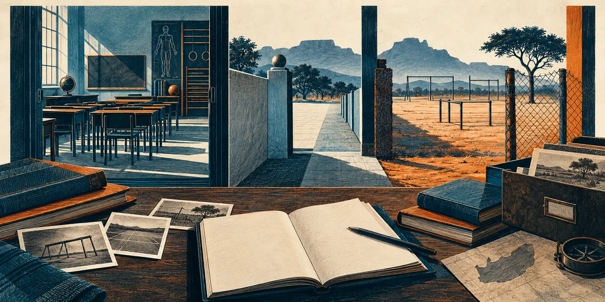 Mesa con cuadernos y espacios educativos imaginados: aula de formación y patio de ejercicios.
