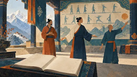 Ilustración conceptual de tres adultos con gestos suaves, un libro sin texto y un panel de figuras ante un paisaje del Himalaya.