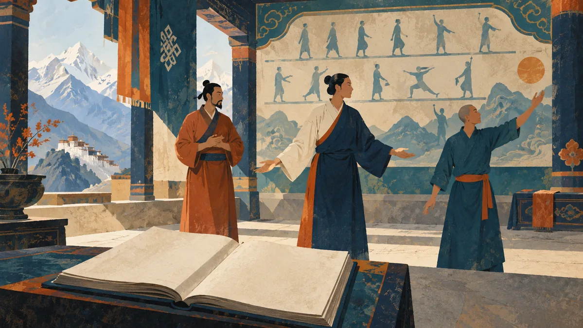 Ilustración conceptual de tres adultos con gestos suaves, un libro sin texto y un panel de figuras ante un paisaje del Himalaya.