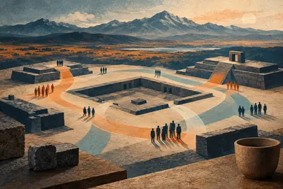 Ilustración conceptual de grupos y recorridos entre volúmenes escalonados, un patio hundido y un paisaje andino abstracto.