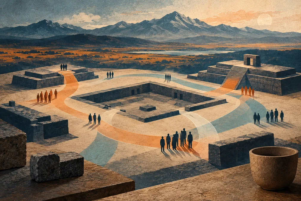Ilustración conceptual de grupos y recorridos entre volúmenes escalonados, un patio hundido y un paisaje andino abstracto.