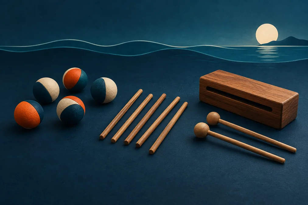 Ilustración conceptual con cinco pelotas, cinco varillas y un bloque de percusión ante líneas de mar.