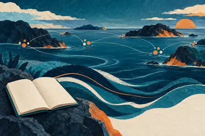 Islas abstractas conectadas por líneas sobre el mar, con ondas de ritmo y un cuaderno.