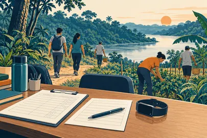 Ilustración conceptual de observación del movimiento, un sensor y tareas cotidianas junto a un paisaje de río y bosque.
