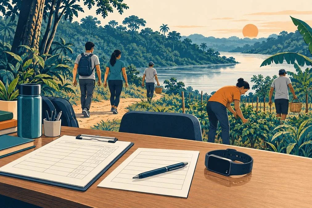 Ilustración conceptual de observación del movimiento, un sensor y tareas cotidianas junto a un paisaje de río y bosque.