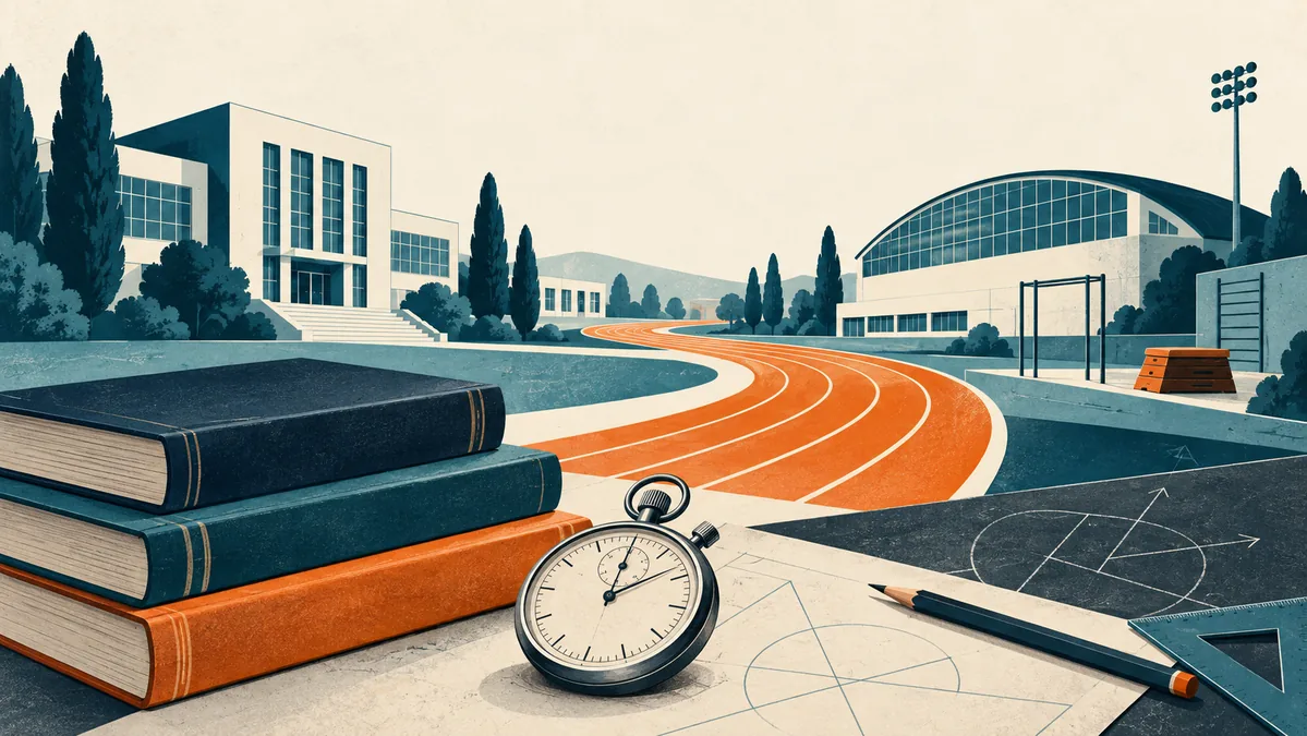Ilustración conceptual de estudio y entrenamiento deportivo mediante libros, cronómetro y carriles