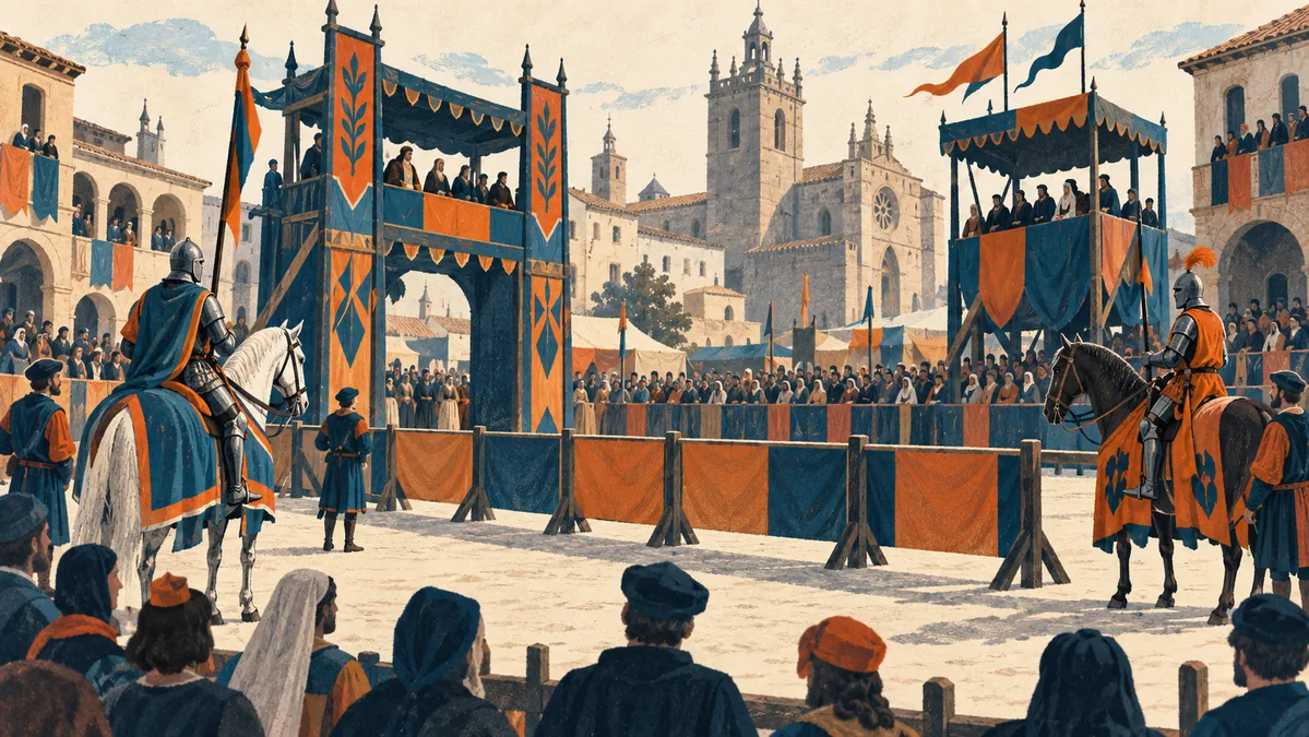 Ilustración conceptual de dos jinetes ante una barrera en una plaza con tribunas, arco temporal y espectadores.