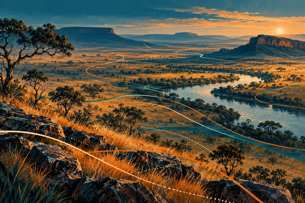 Paisaje abierto de cerrado con río y líneas que sugieren relaciones territoriales.