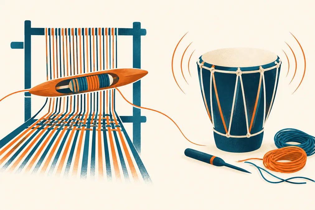 Ilustración conceptual de tejido, fibras, herramientas y un instrumento musical abstracto.